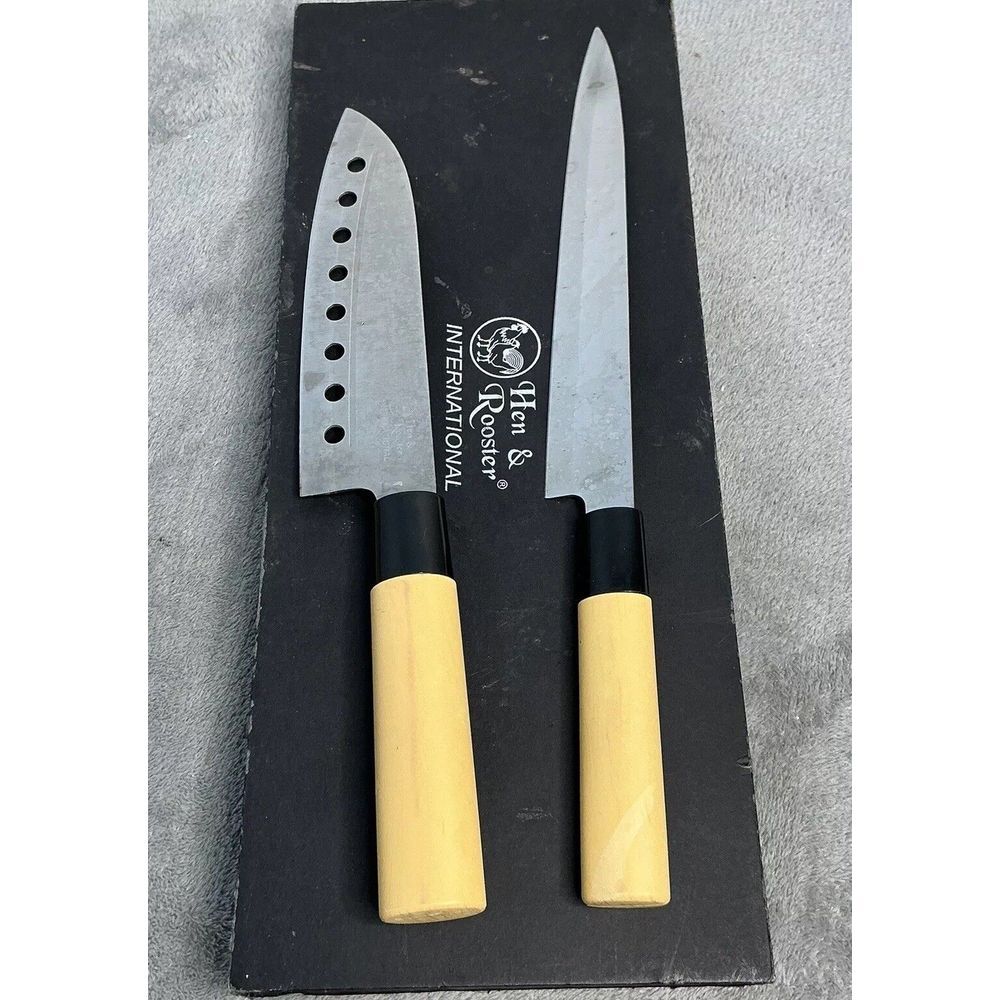 Hen & Rooster Three Piece Kitchen Knife Set 2pc Tan Wood Stainless‎ K100